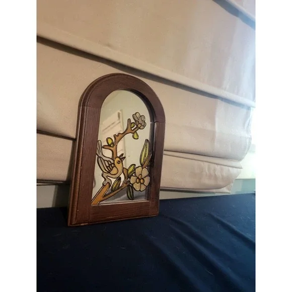 Small Enamel Bird Scence Wooden Framed Mirror "8.5in" Height
